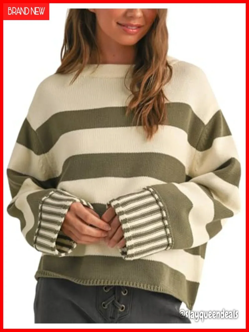 Women's Casual Loose Striped Sweater Fall Long Sleeve Crew Neck Knitted